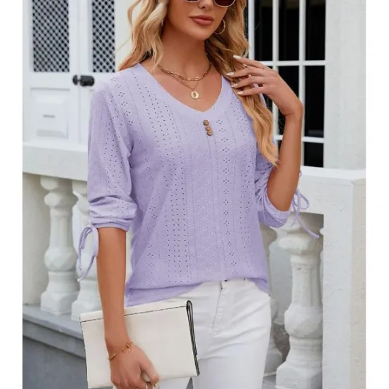 Hot Women's White Elegant Lace Tops Eyelet Blouse Stylish Modern Solid Color Buttons Eyelet 3 4 Length Sleeve V Neck Daily Romantic Petite Tops Summer Holiday Wear White Pink Purple Green Summer Spring Women Lace Tops