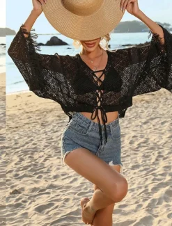 New Women's White Elegant Lace Tops Blouse Eyelet top Sexy Plain Drawstring Crochet Street Daily Vacation Beach V Neck Regular Fit One-Size Black White Khaki Women Lace Tops