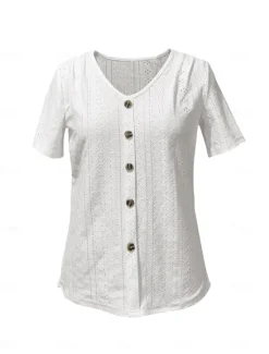 New Women's White Elegant Lace Tops Eyelet Blouse Daily Regular Tops Short Sleeve V Neck Buttons Loose Fit Daily Romantic Petite Tops Summer Holiday Wear White Pink Semi Formal Blouses Women Lace Tops