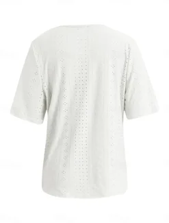 New Women's White Elegant Lace Tops Eyelet Blouse Daily Regular Tops Short Sleeve V Neck Buttons Loose Fit Daily Romantic Petite Tops Summer Holiday Wear White Pink Semi Formal Blouses Women Lace Tops