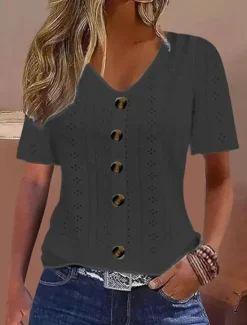 New Women's White Elegant Lace Tops Eyelet Blouse Daily Regular Tops Short Sleeve V Neck Buttons Loose Fit Daily Romantic Petite Tops Summer Holiday Wear White Pink Semi Formal Blouses Women Lace Tops