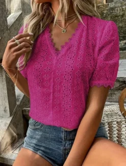 Clearance Women's White Elegant Lace Tops Eyelet Blouse Plain Lace Cut Out Street Daily Fashion V Neck Regular Fit Romantic Petite Tops Summer Holiday Wear Black White Fuchsia Semi Formal Blouses Women Lace Tops
