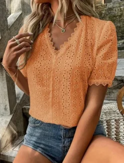 Clearance Women's White Elegant Lace Tops Eyelet Blouse Plain Lace Cut Out Street Daily Fashion V Neck Regular Fit Romantic Petite Tops Summer Holiday Wear Black White Fuchsia Semi Formal Blouses Women Lace Tops