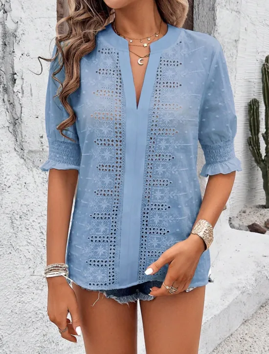 Best Women's White Elegant Lace Tops Eyelet Blouse Dressy Tops Plain Cut Out Street Daily Fashion V Neck Regular Fit Romantic Petite Tops Summer Holiday Wear White Pink Blue Semi Formal Blouses Women Lace Tops
