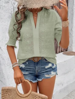Best Women's White Elegant Lace Tops Eyelet Blouse Dressy Tops Plain Cut Out Street Daily Fashion V Neck Regular Fit Romantic Petite Tops Summer Holiday Wear White Pink Blue Semi Formal Blouses Women Lace Tops