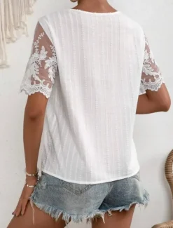 Best Women's White Elegant Lace Tops Eyelet Blouse Dressy Tops Lace Buttons Short Sleeve Asymmetrical Daily Romantic Petite Tops Summer Holiday Wear White Pink Blue Semi Formal Blouses Women Lace Tops