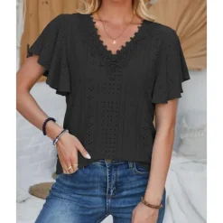 Sale Women's White Elegant Lace Tops Eyelet Blouse Short Sleeve Flutter Sleeve Crew Neck Lace Form Fit Romantic Petite Tops Summer Holiday Wear Black White Pink Blue Summer Women Lace Tops