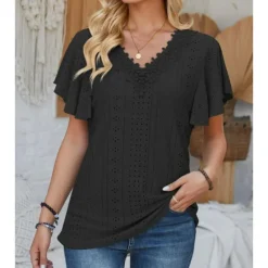 Sale Women's White Elegant Lace Tops Eyelet Blouse Short Sleeve Flutter Sleeve Crew Neck Lace Form Fit Romantic Petite Tops Summer Holiday Wear Black White Pink Blue Summer Women Lace Tops