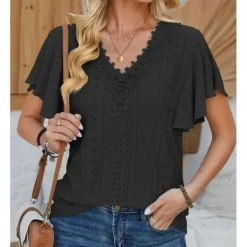 Sale Women's White Elegant Lace Tops Eyelet Blouse Short Sleeve Flutter Sleeve Crew Neck Lace Form Fit Romantic Petite Tops Summer Holiday Wear Black White Pink Blue Summer Women Lace Tops