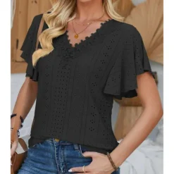 Sale Women's White Elegant Lace Tops Eyelet Blouse Short Sleeve Flutter Sleeve Crew Neck Lace Form Fit Romantic Petite Tops Summer Holiday Wear Black White Pink Blue Summer Women Lace Tops