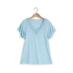 Sale Women's White Elegant Lace Tops Eyelet Blouse Short Sleeve Flutter Sleeve Crew Neck Lace Form Fit Romantic Petite Tops Summer Holiday Wear Black White Pink Blue Summer Women Lace Tops