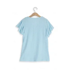 Sale Women's White Elegant Lace Tops Eyelet Blouse Short Sleeve Flutter Sleeve Crew Neck Lace Form Fit Romantic Petite Tops Summer Holiday Wear Black White Pink Blue Summer Women Lace Tops