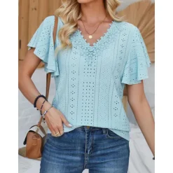 Sale Women's White Elegant Lace Tops Eyelet Blouse Short Sleeve Flutter Sleeve Crew Neck Lace Form Fit Romantic Petite Tops Summer Holiday Wear Black White Pink Blue Summer Women Lace Tops