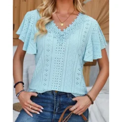 Sale Women's White Elegant Lace Tops Eyelet Blouse Short Sleeve Flutter Sleeve Crew Neck Lace Form Fit Romantic Petite Tops Summer Holiday Wear Black White Pink Blue Summer Women Lace Tops