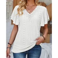 Sale Women's White Elegant Lace Tops Eyelet Blouse Short Sleeve Flutter Sleeve Crew Neck Lace Form Fit Romantic Petite Tops Summer Holiday Wear Black White Pink Blue Summer Women Lace Tops