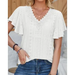 Sale Women's White Elegant Lace Tops Eyelet Blouse Short Sleeve Flutter Sleeve Crew Neck Lace Form Fit Romantic Petite Tops Summer Holiday Wear Black White Pink Blue Summer Women Lace Tops