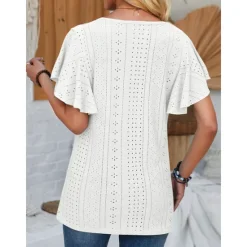 Sale Women's White Elegant Lace Tops Eyelet Blouse Short Sleeve Flutter Sleeve Crew Neck Lace Form Fit Romantic Petite Tops Summer Holiday Wear Black White Pink Blue Summer Women Lace Tops