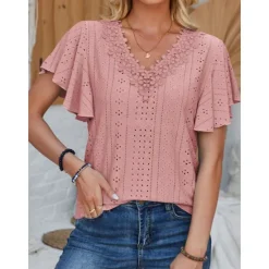 Sale Women's White Elegant Lace Tops Eyelet Blouse Short Sleeve Flutter Sleeve Crew Neck Lace Form Fit Romantic Petite Tops Summer Holiday Wear Black White Pink Blue Summer Women Lace Tops