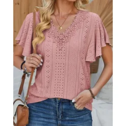 Sale Women's White Elegant Lace Tops Eyelet Blouse Short Sleeve Flutter Sleeve Crew Neck Lace Form Fit Romantic Petite Tops Summer Holiday Wear Black White Pink Blue Summer Women Lace Tops