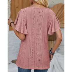 Sale Women's White Elegant Lace Tops Eyelet Blouse Short Sleeve Flutter Sleeve Crew Neck Lace Form Fit Romantic Petite Tops Summer Holiday Wear Black White Pink Blue Summer Women Lace Tops