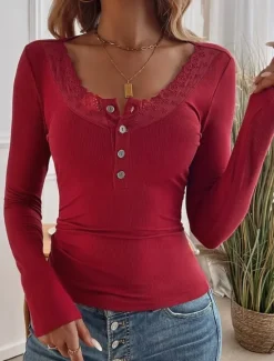 Online Women's White Elegant Lace Tops Eyelet Blouse Elegant Daily Solid Color Regular Tops Long Sleeve Scoop Neck Regular Fit Daily Black White Red Navy Blue Romantic Petite Tops Summer Holiday Wear Women Lace Tops
