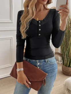 Online Women's White Elegant Lace Tops Eyelet Blouse Elegant Daily Solid Color Regular Tops Long Sleeve Scoop Neck Regular Fit Daily Black White Red Navy Blue Romantic Petite Tops Summer Holiday Wear Women Lace Tops