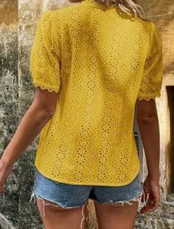 Best Women's White Elegant Lace Tops Eyelet Blouse Casual Solid Color Regular Tops Short Sleeve V Neck Lace Eyelet Regular Fit Daily White Yellow Romantic Petite Tops Summer Holiday Wear Women Lace Tops