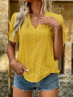 Best Women's White Elegant Lace Tops Eyelet Blouse Casual Solid Color Regular Tops Short Sleeve V Neck Lace Eyelet Regular Fit Daily White Yellow Romantic Petite Tops Summer Holiday Wear Women Lace Tops