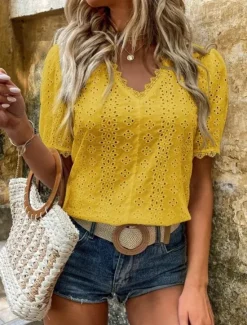Best Women's White Elegant Lace Tops Eyelet Blouse Casual Solid Color Regular Tops Short Sleeve V Neck Lace Eyelet Regular Fit Daily White Yellow Romantic Petite Tops Summer Holiday Wear Women Lace Tops