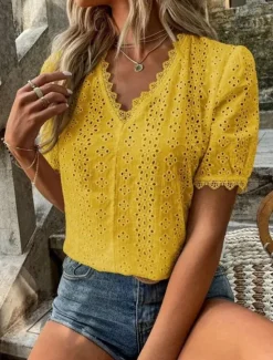Best Women's White Elegant Lace Tops Eyelet Blouse Casual Solid Color Regular Tops Short Sleeve V Neck Lace Eyelet Regular Fit Daily White Yellow Romantic Petite Tops Summer Holiday Wear Women Lace Tops
