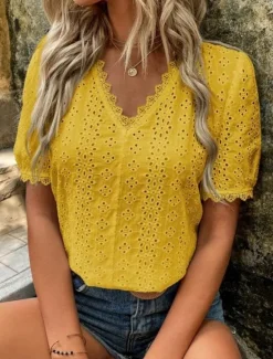 Best Women's White Elegant Lace Tops Eyelet Blouse Casual Solid Color Regular Tops Short Sleeve V Neck Lace Eyelet Regular Fit Daily White Yellow Romantic Petite Tops Summer Holiday Wear Women Lace Tops