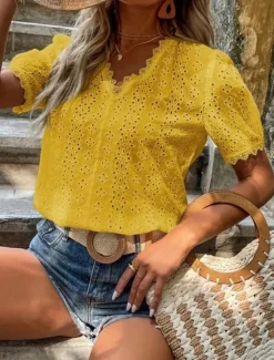 Best Women's White Elegant Lace Tops Eyelet Blouse Casual Solid Color Regular Tops Short Sleeve V Neck Lace Eyelet Regular Fit Daily White Yellow Romantic Petite Tops Summer Holiday Wear Women Lace Tops