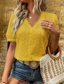 Best Women's White Elegant Lace Tops Eyelet Blouse Casual Solid Color Regular Tops Short Sleeve V Neck Lace Eyelet Regular Fit Daily White Yellow Romantic Petite Tops Summer Holiday Wear Women Lace Tops