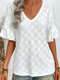Clearance Women's Elegant Lace Tops Eyelet Blouse Casual Plain Regular Tops Half Sleeve V Neck Eyelet Regular Fit Daily Weekend Romantic Petite Tops Summer Holiday Wear Summer Spring Women Lace Tops