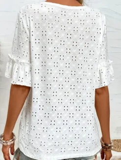 Clearance Women's Elegant Lace Tops Eyelet Blouse Casual Plain Regular Tops Half Sleeve V Neck Eyelet Regular Fit Daily Weekend Romantic Petite Tops Summer Holiday Wear Summer Spring Women Lace Tops