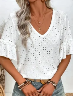 Clearance Women's Elegant Lace Tops Eyelet Blouse Casual Plain Regular Tops Half Sleeve V Neck Eyelet Regular Fit Daily Weekend Romantic Petite Tops Summer Holiday Wear Summer Spring Women Lace Tops