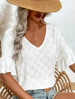 Clearance Women's Elegant Lace Tops Eyelet Blouse Casual Plain Regular Tops Half Sleeve V Neck Eyelet Regular Fit Daily Weekend Romantic Petite Tops Summer Holiday Wear Summer Spring Women Lace Tops