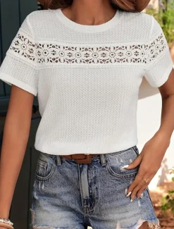 Discount Women's Elegant Lace Tops Eyelet Blouse Fashion Modern Casual Plain Regular Tops Short Sleeve Crew Neck Regular Fit Daily Weekend Romantic Petite Tops Summer Holiday Wear Summer Spring Women Lace Tops