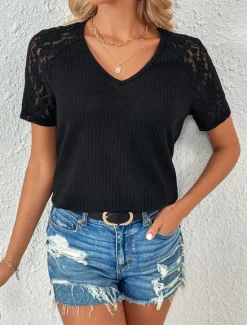 Women's White Elegant Lace Tops Eyelet Blouse Fashion Plain Regular Tops Short Sleeve V Neck Lace Regular Fit Vacation Daily Romantic Petite Tops Summer Holiday Wear Black White Red Green Summer Women Lace Tops