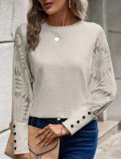 Women's White Elegant Lace Tops Eyelet Blouse Dressy Tops Elegant Lace Buttons Long Sleeve Crew Neck Daily Romantic Petite Tops Summer Holiday Wear Pink Khaki Summer Semi Formal Blouses Women Lace Tops