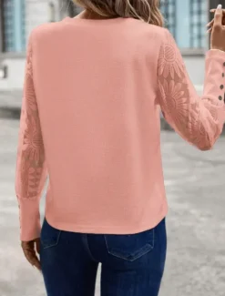 Women's White Elegant Lace Tops Eyelet Blouse Dressy Tops Elegant Lace Buttons Long Sleeve Crew Neck Daily Romantic Petite Tops Summer Holiday Wear Pink Khaki Summer Semi Formal Blouses Women Lace Tops