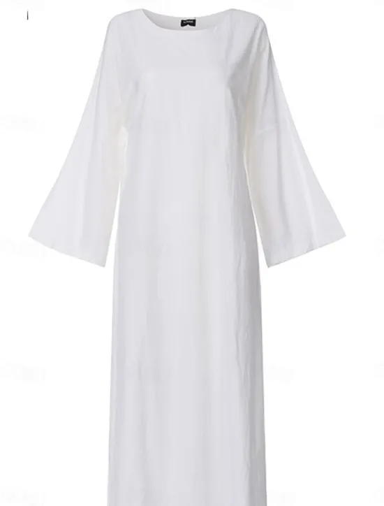 Hot Women's khaki Spring Fall Autumn Maxi Dress Dress Casual Dress Cotton Summer Dress Basic Casual Outdoor Daily Loose Fit Pure Color Crew Neck Women White Dresses