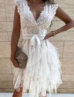 Outlet Women's White Lace Wedding Dress Boho Chic Dresses Boho Wedding Guest Dress Mini Dress Layered with Sleeve Wedding Date Vacation A Line V Neck Sleeveless Black White Pink Color Women White Dresses|Cocktail Dress