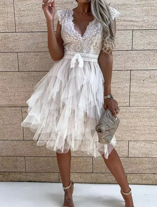 Outlet Women's White Lace Wedding Dress Boho Chic Dresses Boho Wedding Guest Dress Mini Dress Layered with Sleeve Wedding Date Vacation A Line V Neck Sleeveless Black White Pink Color Women White Dresses|Cocktail Dress