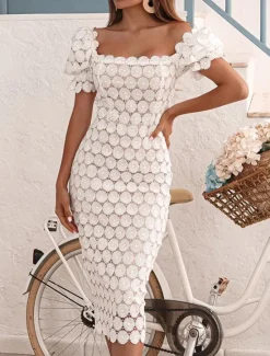 New Women's White Lace Wedding Dress with Sleeve Square Neck Short Sleeve Midi Dress Party Gift Elegant Black White Summer Spring Women White Dresses