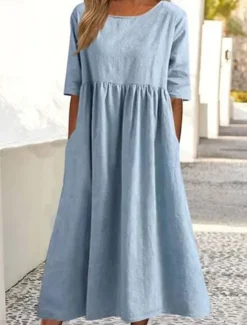 Women's White Navy Blue Blue Summer Spring Midi Dress Linen-Inspired Dresses Casual Dress Cotton Linen Dress Basic Modern Daily Weekend Loose Fit Plain Shirt Collar Women Dresses