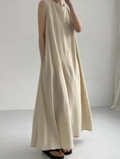 Hot Women's White Navy Blue Blue Summer Spring Maxi Dress Cotton Linen Dresses Casual Dress Tank Dress Basic Modern Daily Weekend Loose Fit Plain Crew Neck Shirt Collar Women Dresses