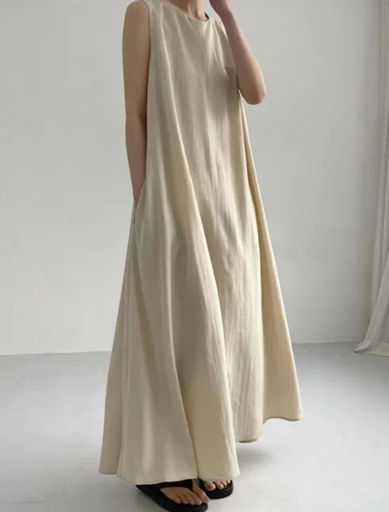 Hot Women's White Navy Blue Blue Summer Spring Maxi Dress Cotton Linen Dresses Casual Dress Tank Dress Basic Modern Daily Weekend Loose Fit Plain Crew Neck Shirt Collar Women Dresses
