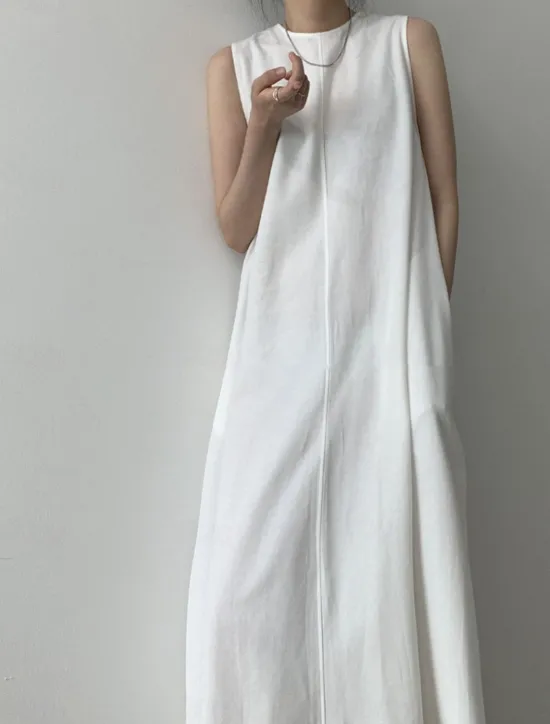 Hot Women's White Navy Blue Blue Summer Spring Maxi Dress Cotton Linen Dresses Casual Dress Tank Dress Basic Modern Daily Weekend Loose Fit Plain Crew Neck Shirt Collar Women Dresses