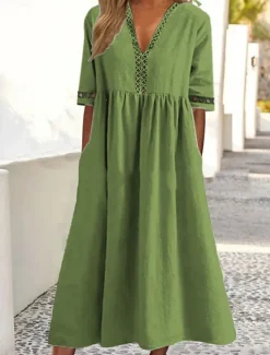 Clearance Women's White Pink Blue Summer Spring Midi Dress Cotton Linen Dresses Casual Dress Basic Modern Daily Weekend Loose Fit Plain V Neck Women Dresses